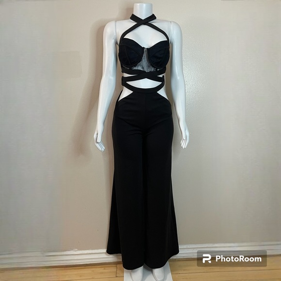 L'ATISTE Pants - Black lace halter neck cutout  palazzo jumpsuit